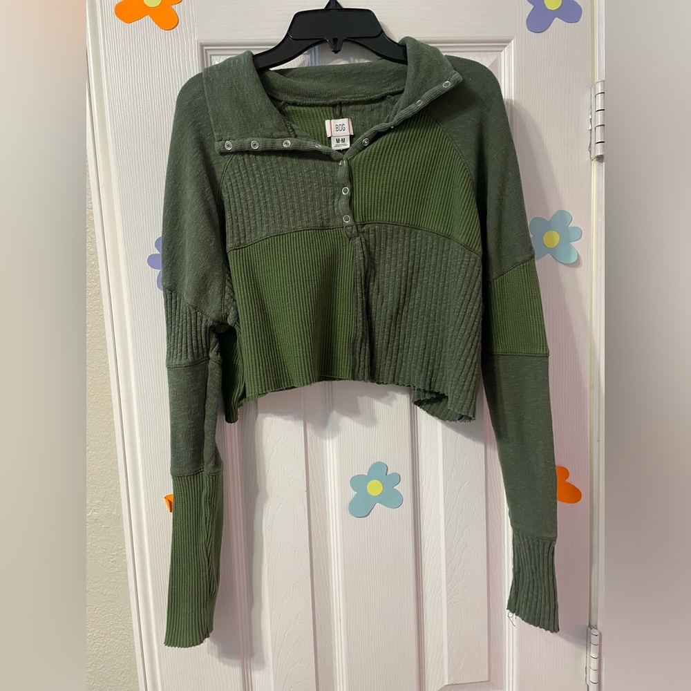 Bdg Olive Ribbed Patch Work Button-Up Top - image 1